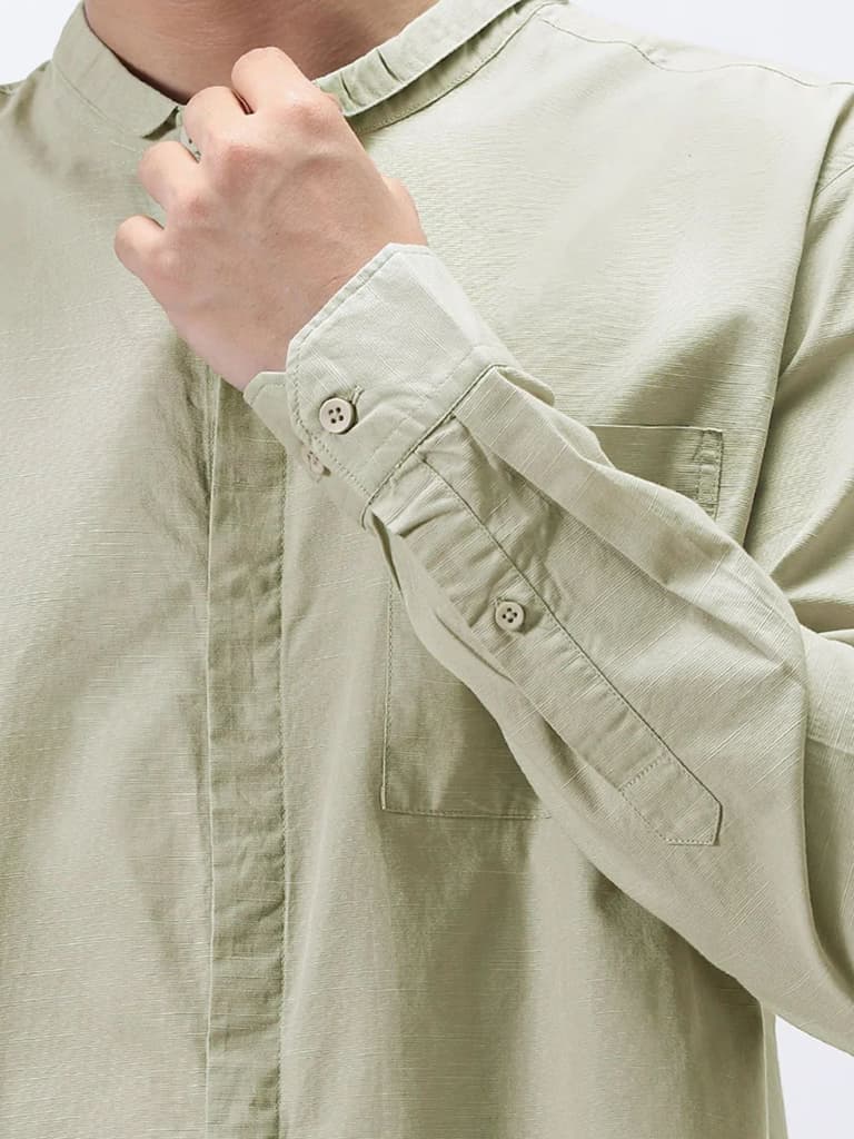Men's Light Olive Cotton Full Sleeve Regular Fit Casual Solid Shirt with Band Collar — photo 6
