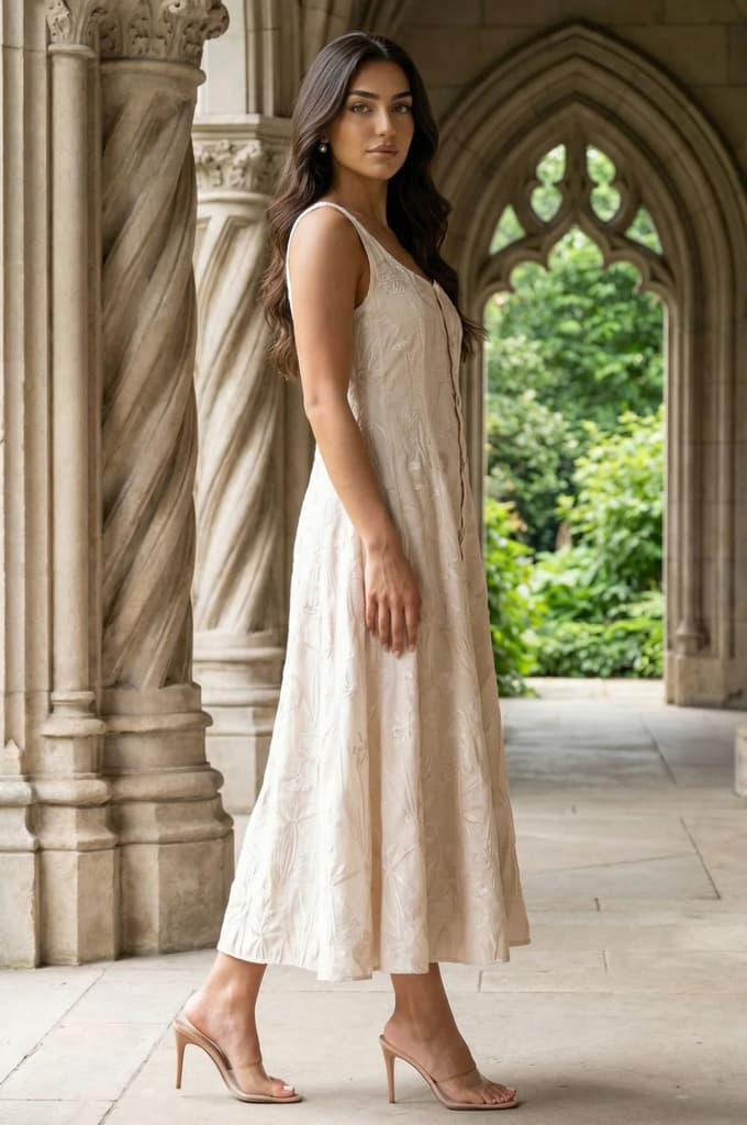 Beige Textured Cotton Blend Embroidered A-line Western Dress — photo 6