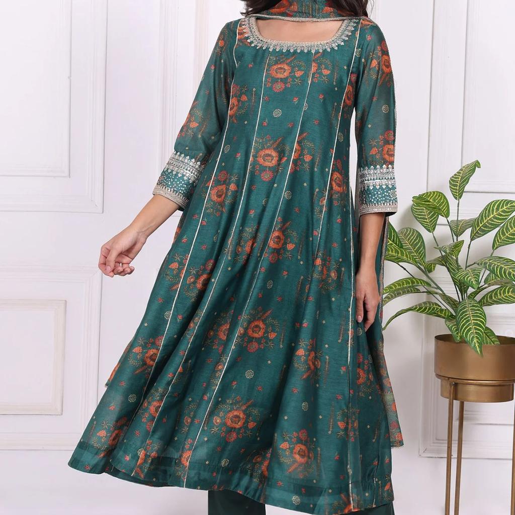 Green Floral Printed Sequined Flared Kurta, Straight Pants and Dupatta Set