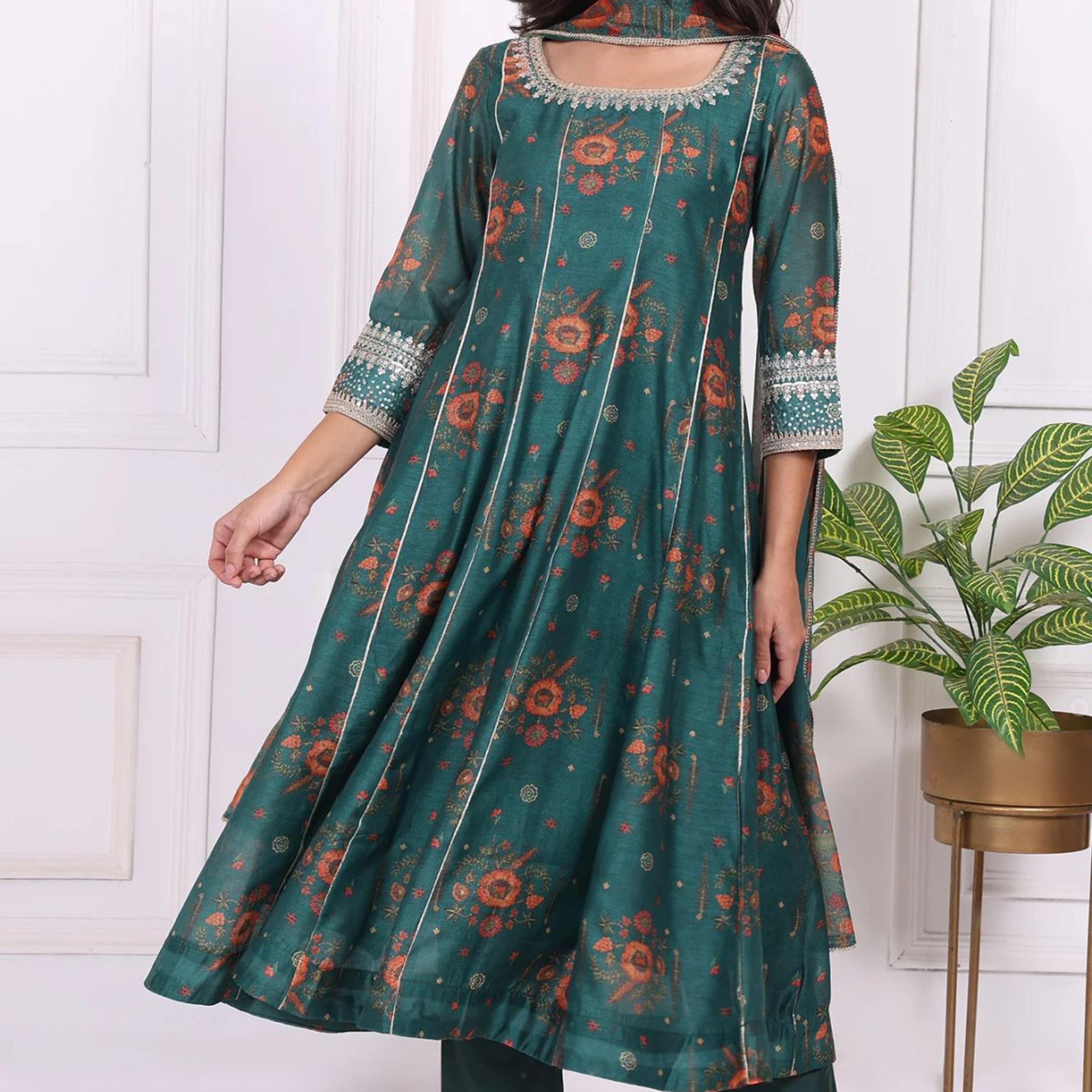 Green Floral Printed Sequined Flared Kurta, Straight Pants and Dupatta Set