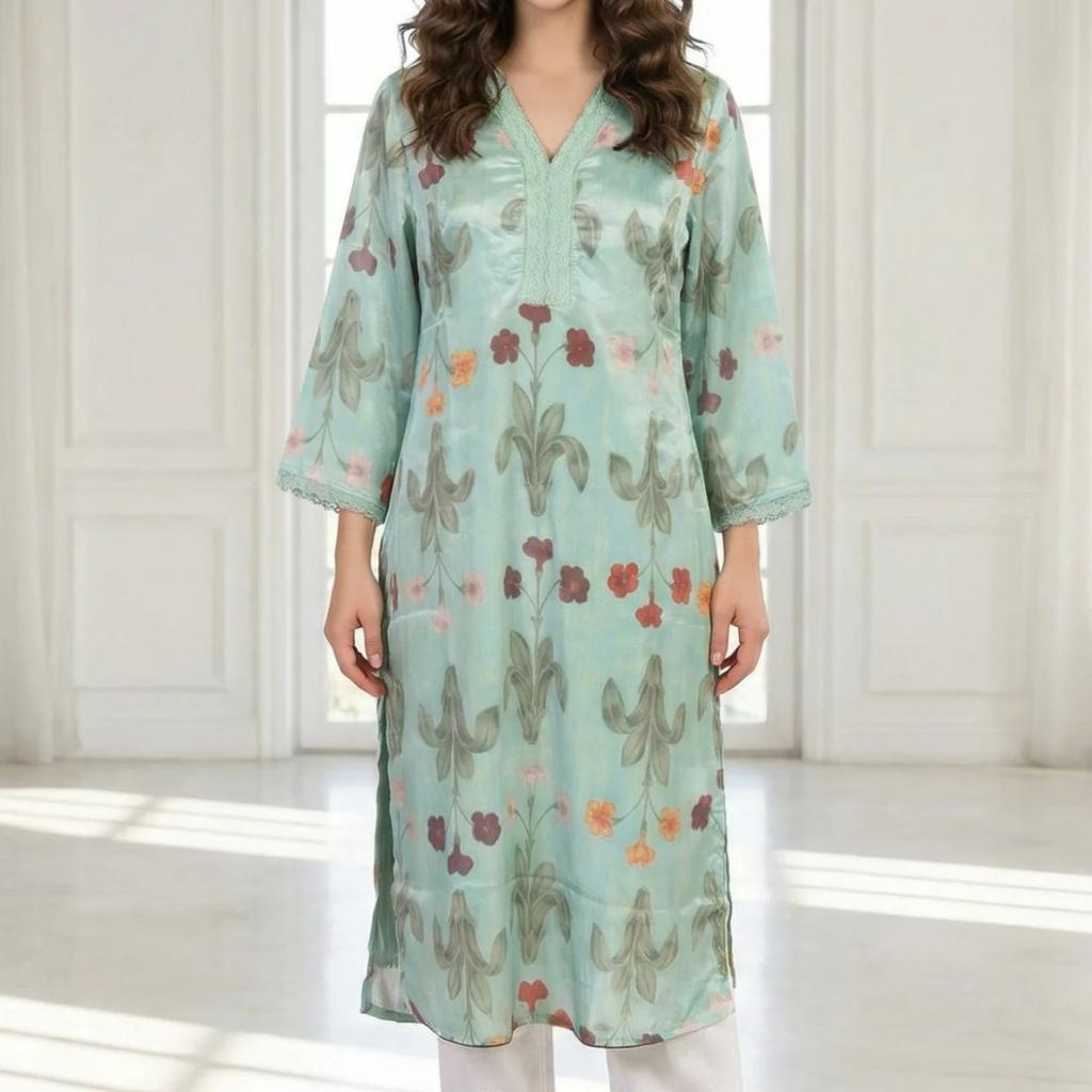 Sea Green Floral Printed Straight Kurta with Lace