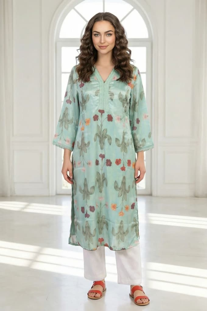 Sea Green Floral Printed Straight Kurta with Lace — XS