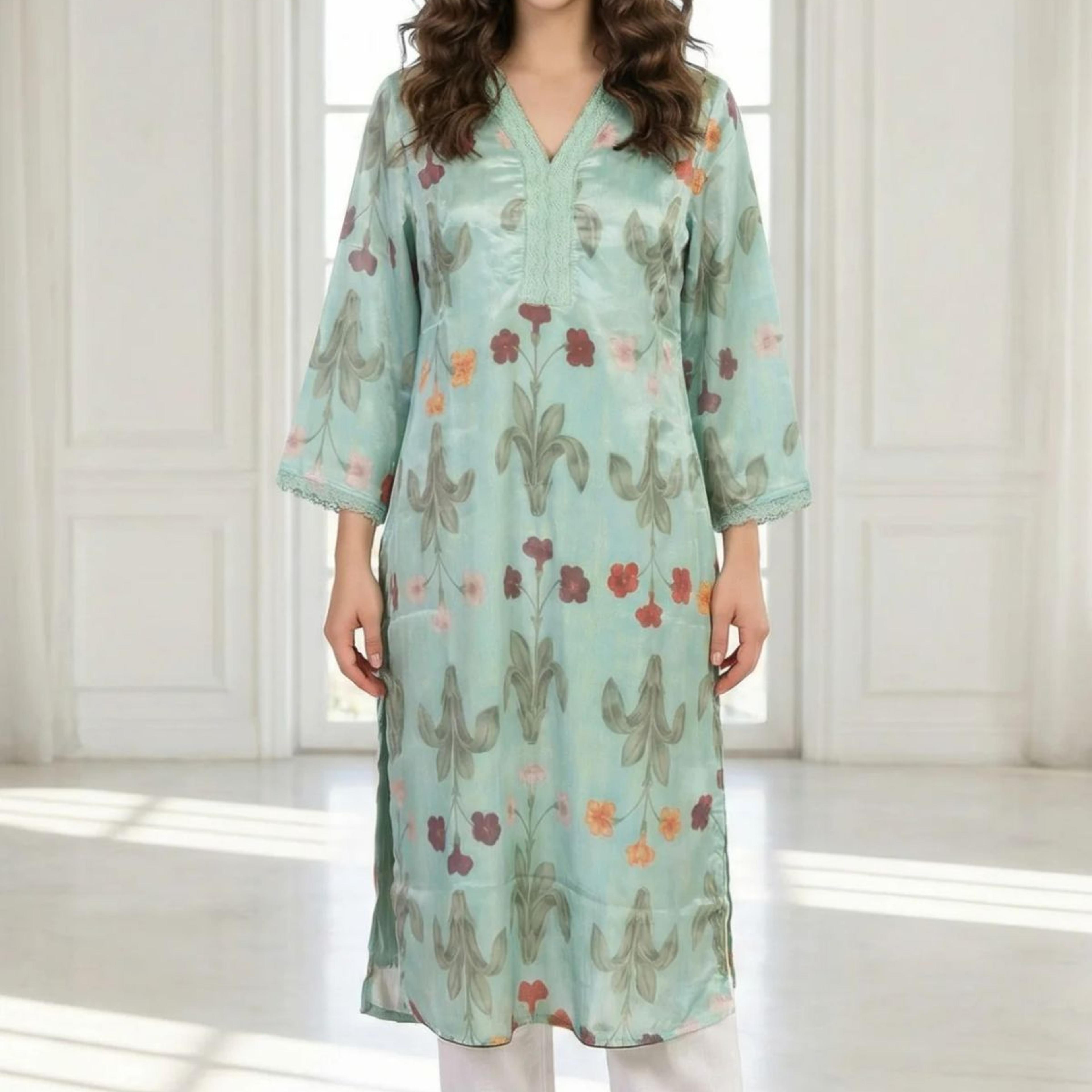 Sea Green Floral Printed Straight Kurta with Lace