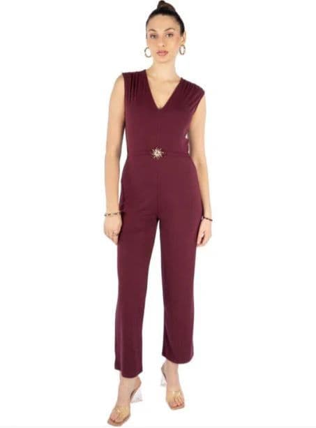 Women Maroon Solid Party Wear Sleeveless Regular Fit Jumpsuit — photo 3