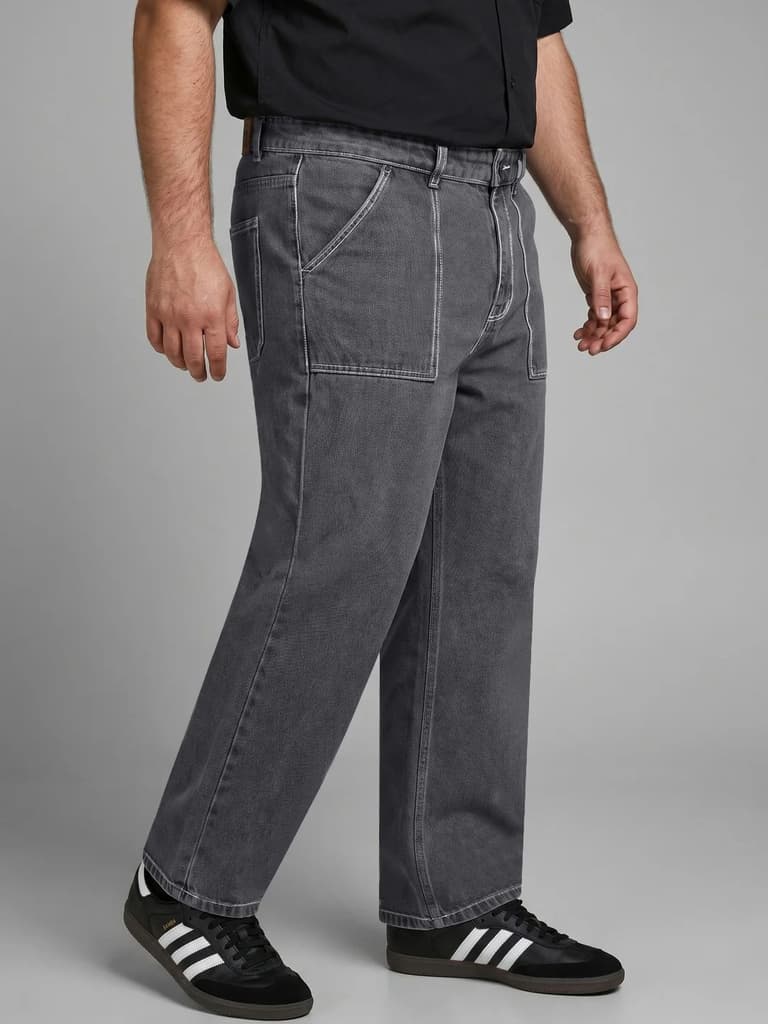 Plus Men's Dark Grey Loose Baggy Fit Washed Denim Jeans Non-Stretchable — photo 2