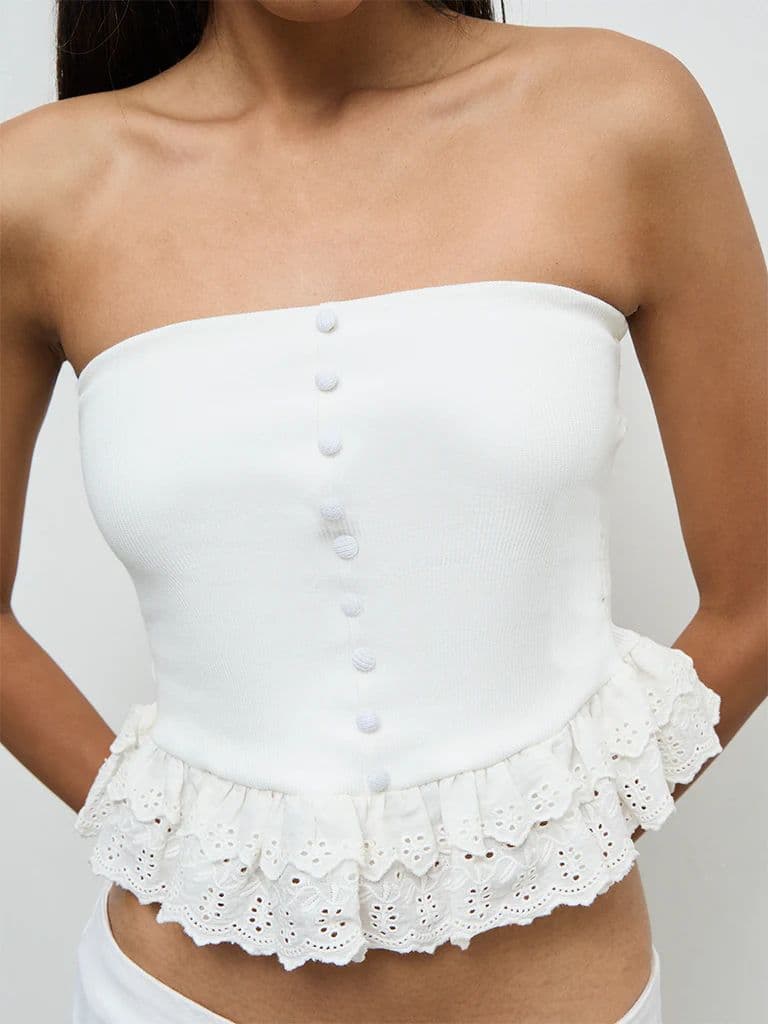 Nuon White Frill-Detailed Cotton-Blend Tube Top — photo 3