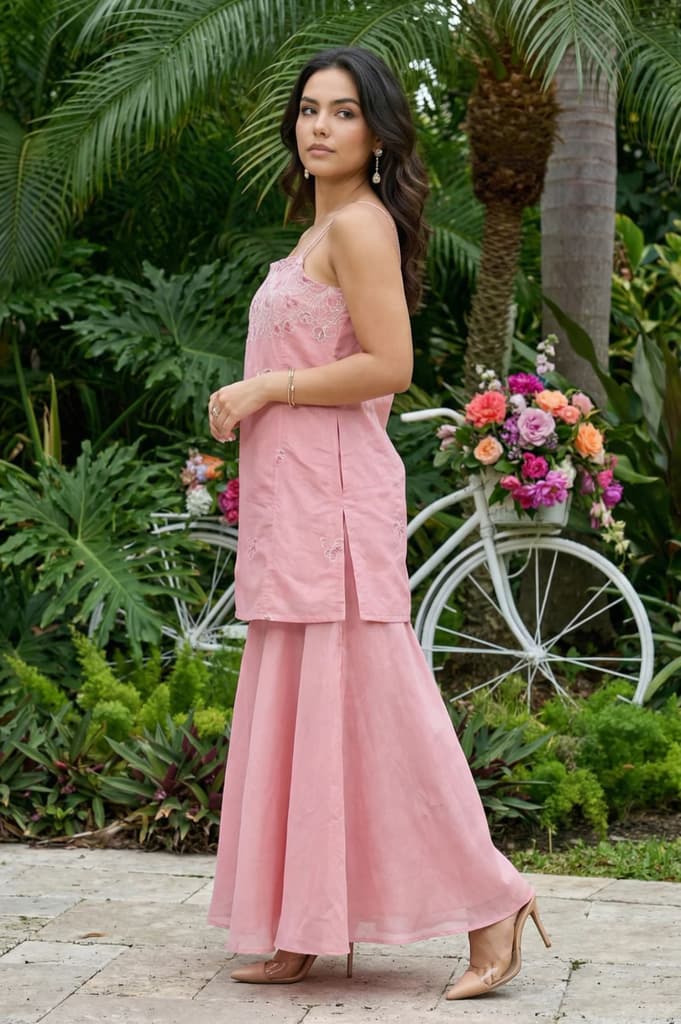 Pink Thread Embroidered Chanderi Noodle Straps Straight Kurta with Sharara and Dupatta Set — photo 4
