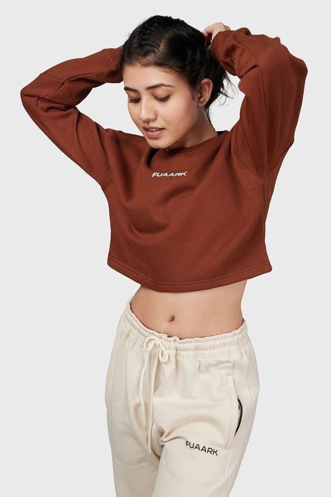 Signature Oversized Cropped Sweatshirt Brown — XS