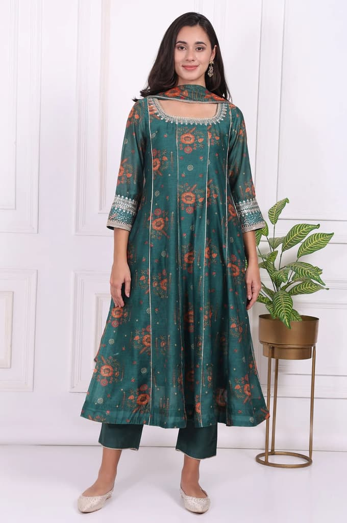 Green Floral Printed Sequined Flared Kurta, Straight Pants and Dupatta Set — photo 2