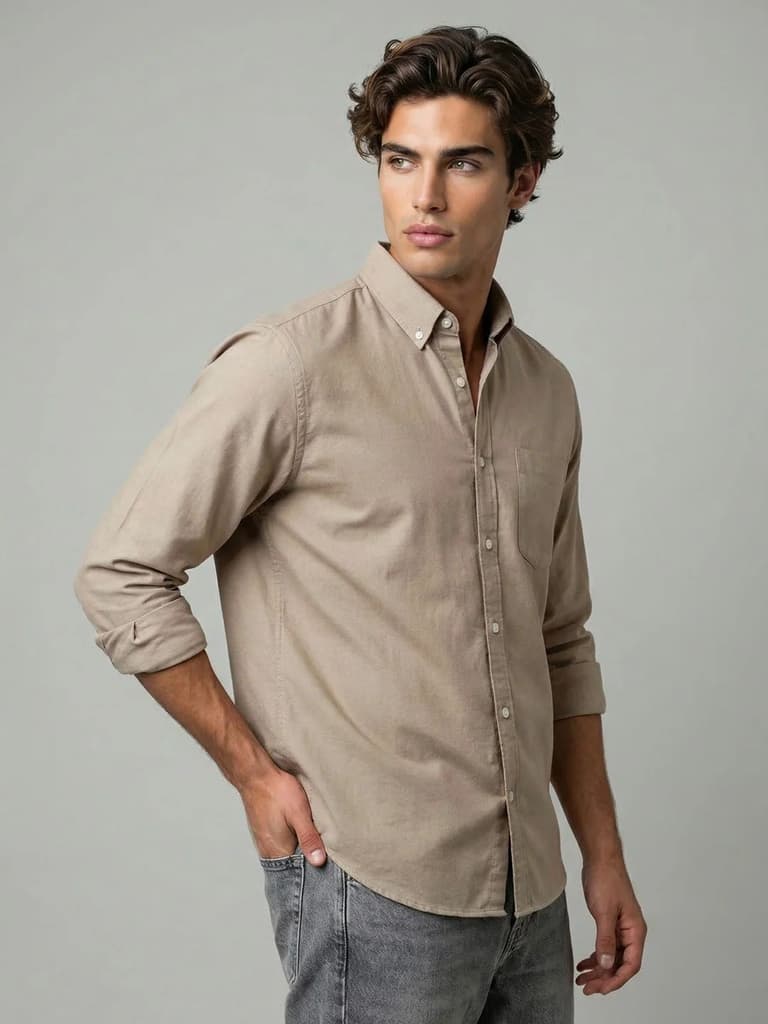 Men's Khaki Cotton Full Sleeve Regular Fit Solid Oxford Shirt With Button-Down Collar — photo 2