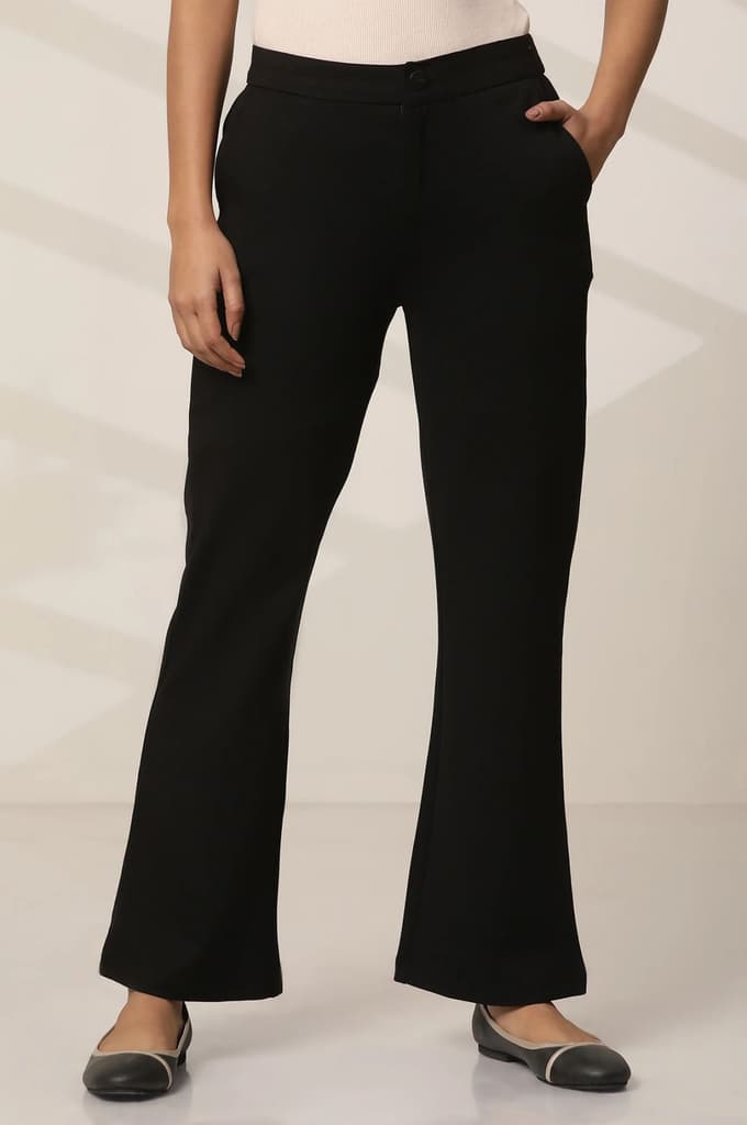 Black Solid Straight Fit Pants With Elasticated Waist — photo 2