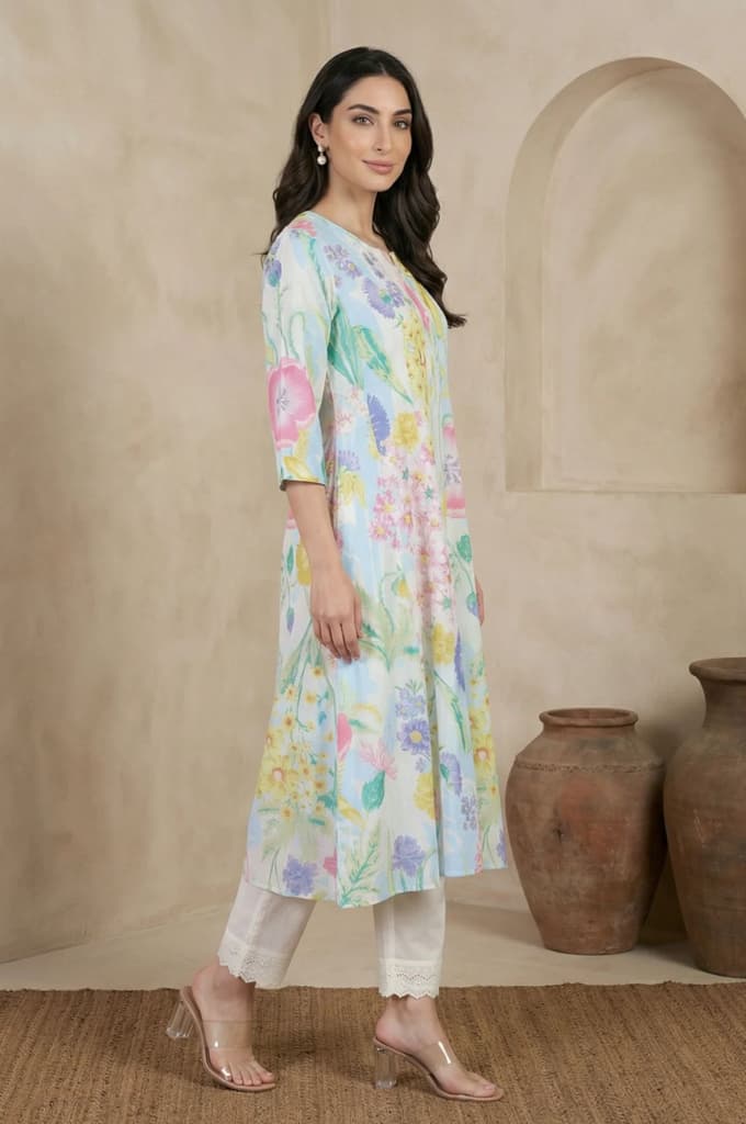 Multicolor Floral Printed Pure Cotton A-line Kurta — photo 6