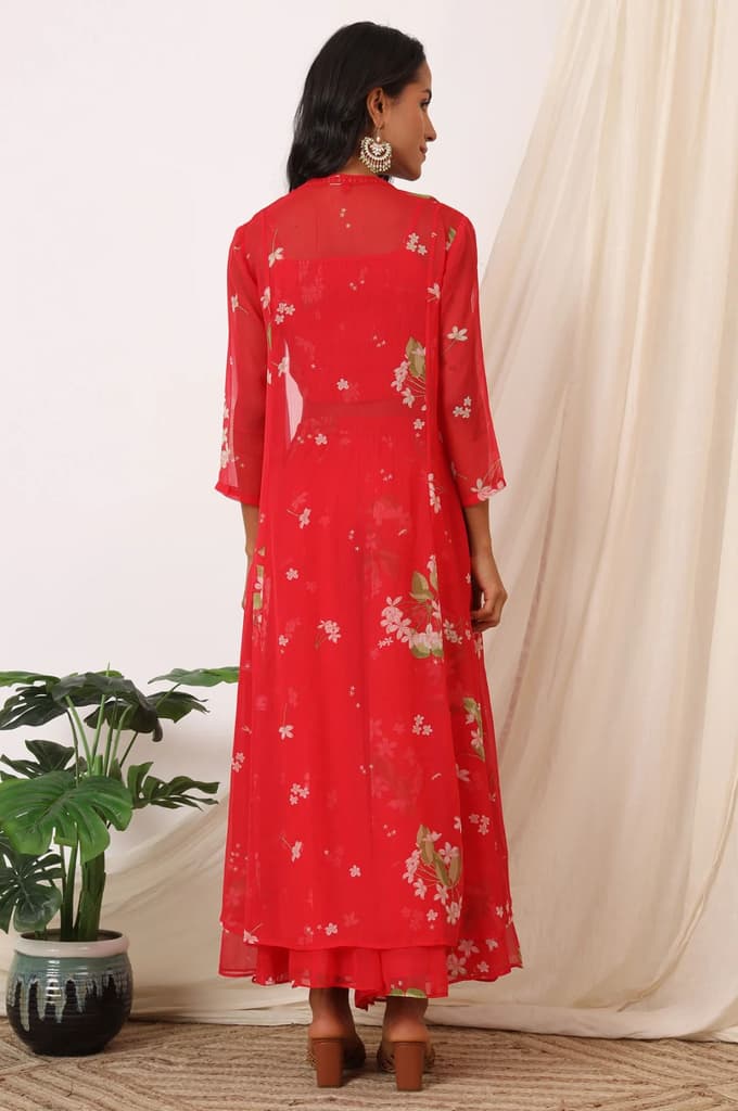 Red Floral Printed Chiffon Jacket, Crop Top and Culottes Set — photo 5