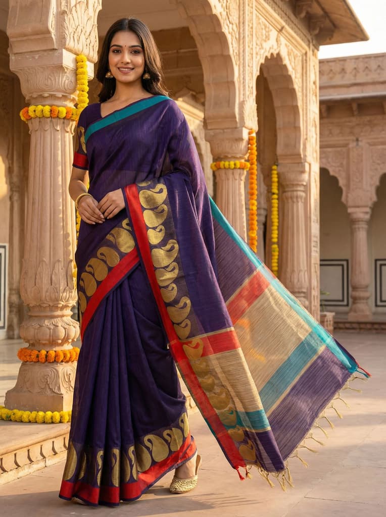 MIMOSA Women's Woven Design Banarasi Style Linen Saree with Blouse Piece - Navy ( SA00003151NVFREE ) — Default Title