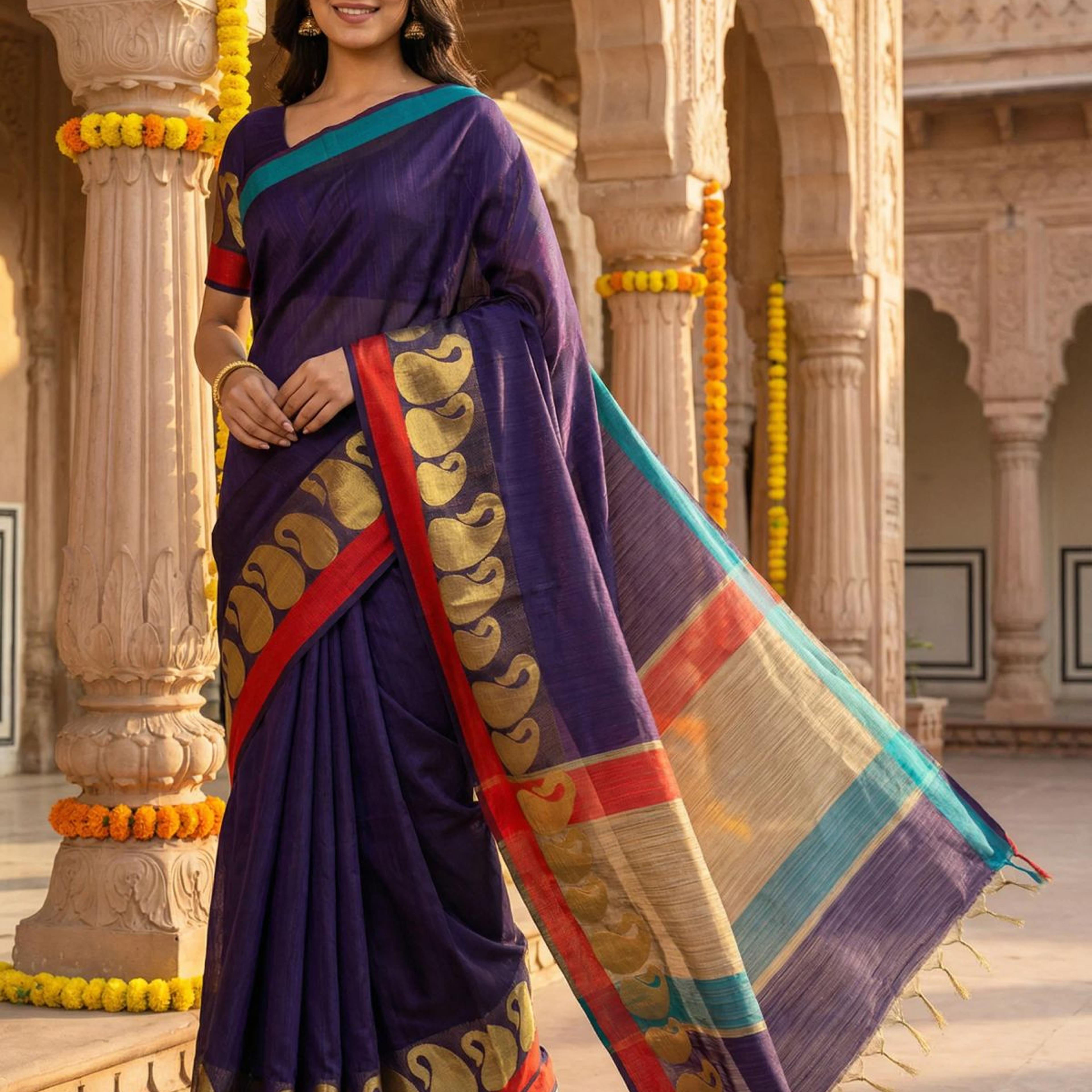 MIMOSA Women's Woven Design Banarasi Style Linen Saree with Blouse Piece - Navy ( SA00003151NVFREE )