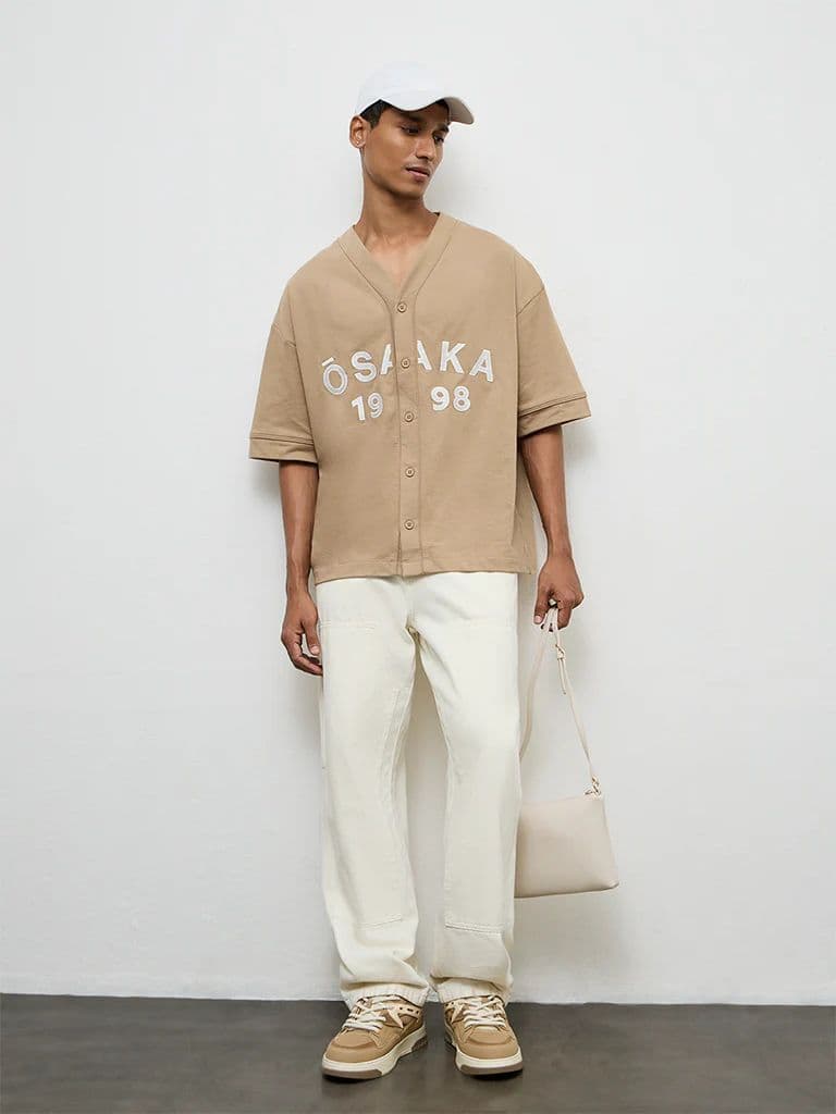 Nuon Beige Typographic Relaxed-Fit Cotton-Blend Shirt — photo 3