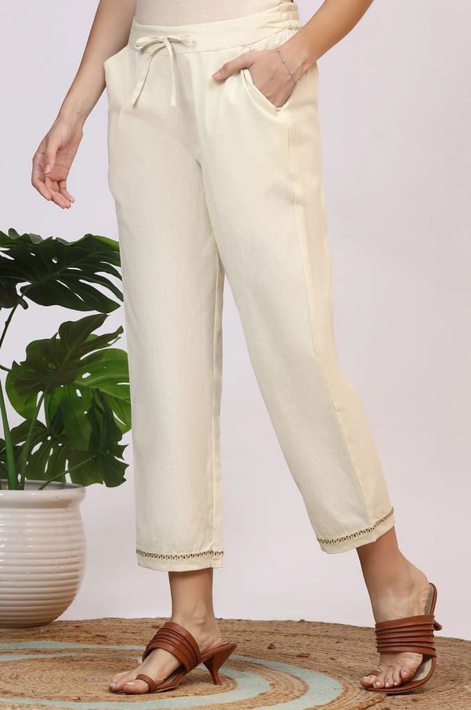 Off-White Solid Cotton Flax Straight Pants with Embroidered Hemline — photo 3