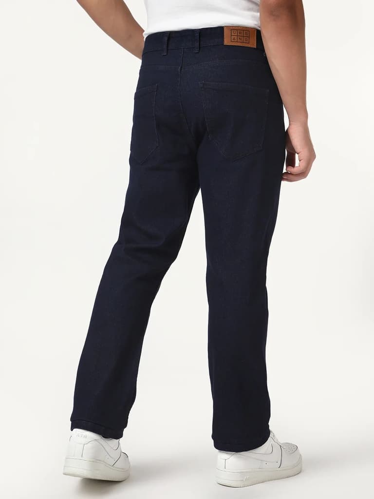 Men's Dark Blue Straight Fit Raw Washed Denim Jeans Stretchable — photo 4
