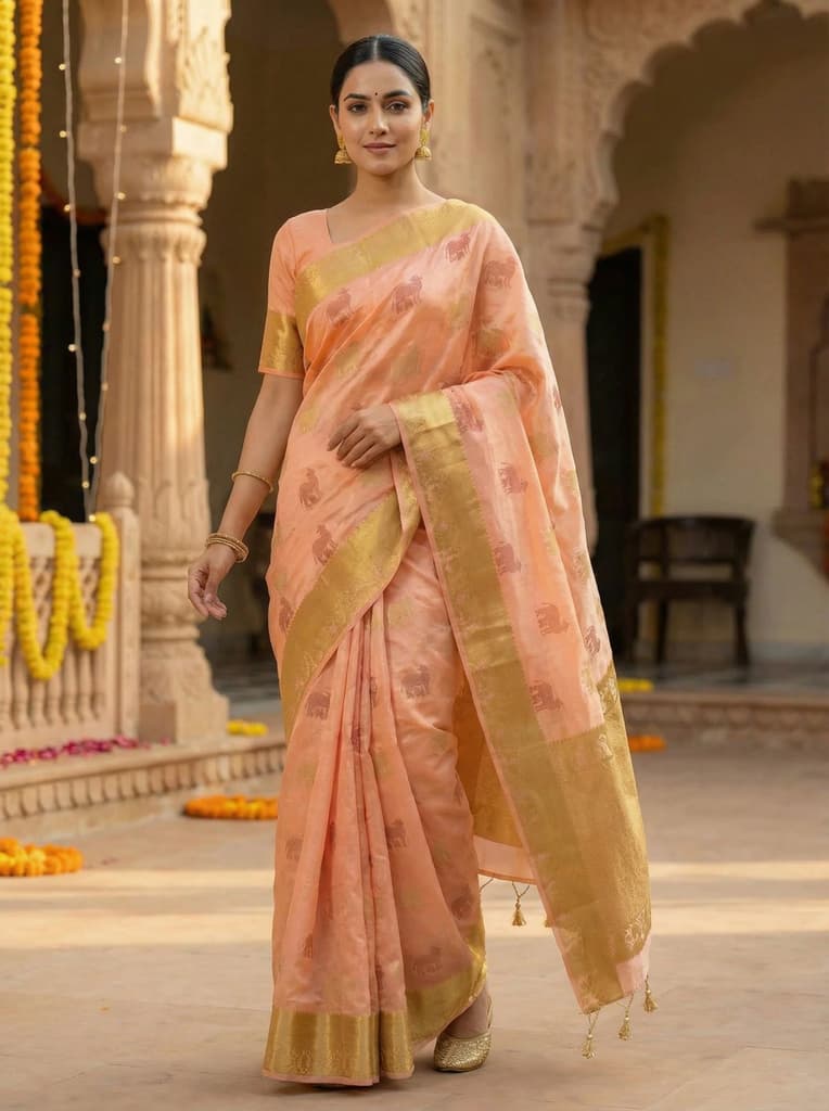 MIMOSA Women's Woven Design Banarasi Style Raw Silk Saree with Blouse Piece - Peach ( SA00003136PCFREE ) — photo 2