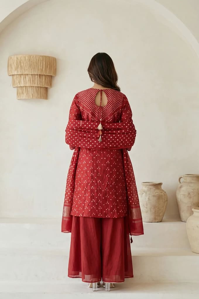 Red Bandhni Mirror Work Silk Blend Straight Kurta with Pant and Dupatta Set — photo 4