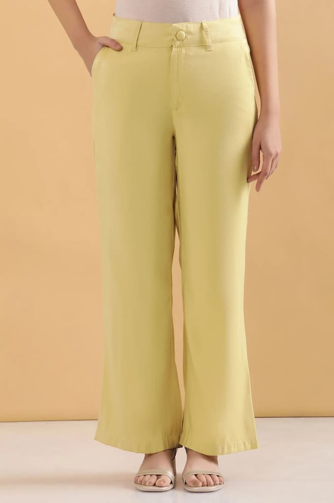Yellow Solid Straight Fit Woven Pants With Elasticated Back — photo 2
