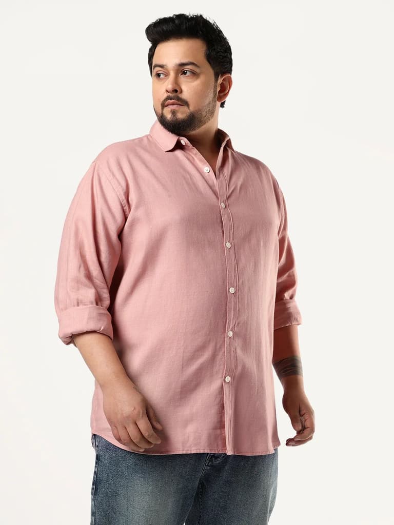Plus Men's Dusty Pink Linen Blend Full Sleeve Relaxed Fit Casual Solid Shirt — photo 2