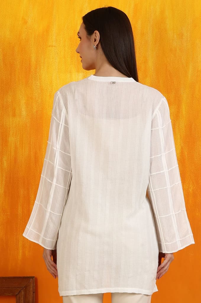 White Cotton Dobby Textured Top with Pleats — photo 5