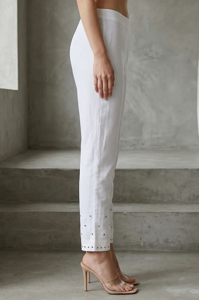White Schiffily Embroidered Slim Fit Ankle Length Pants — photo 5