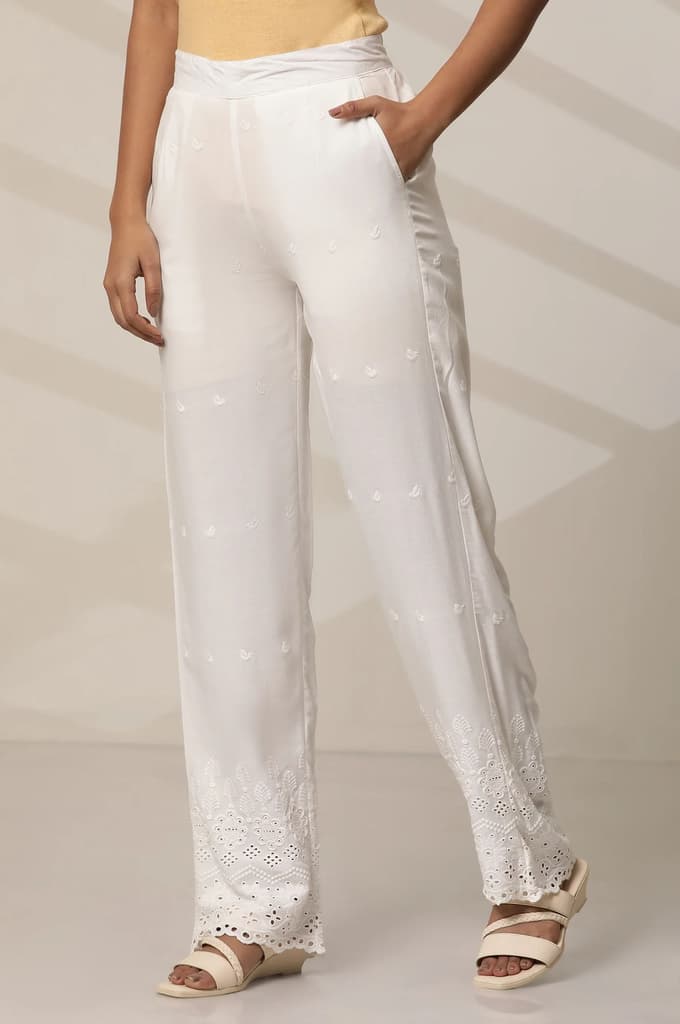 White Rayon Schiffli Narrow Palazzo — photo 2