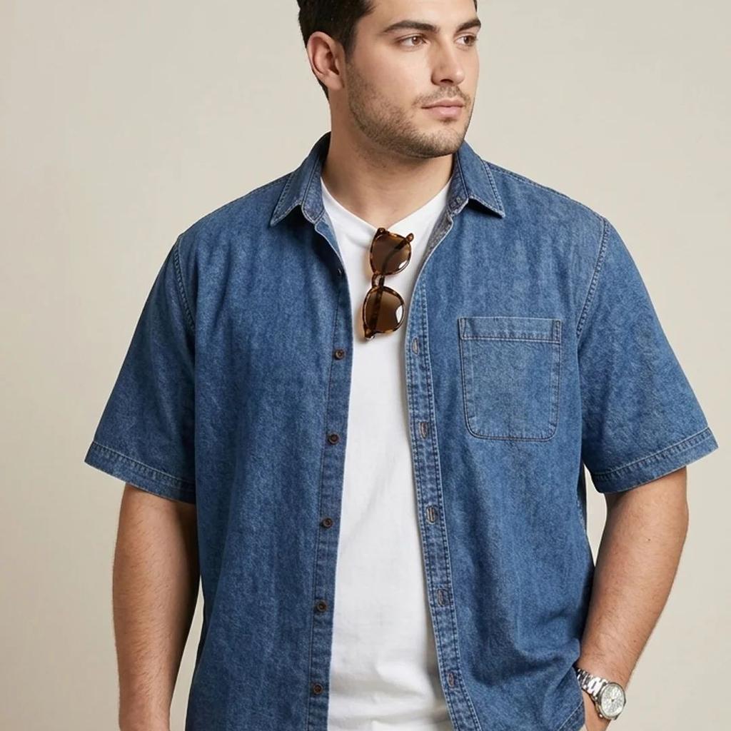 Plus Men's Blue Oversized Fit Half Sleeve Solid Casual Denim Shirt
