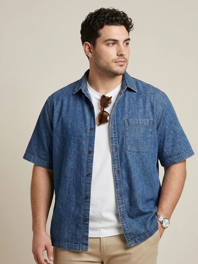 Plus Men's Blue Oversized Fit Half Sleeve Solid Casual Denim Shirt — 2XL / Blue