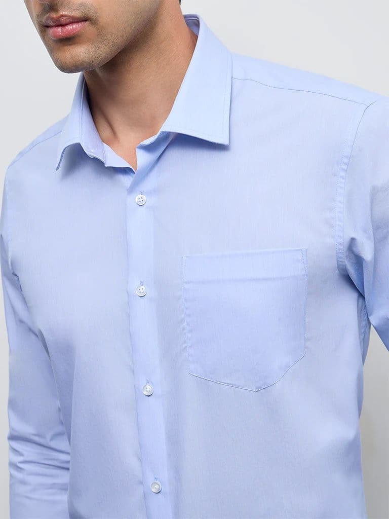 WES Formals Blue Solid Slim-Fit Cotton Shirt — photo 3