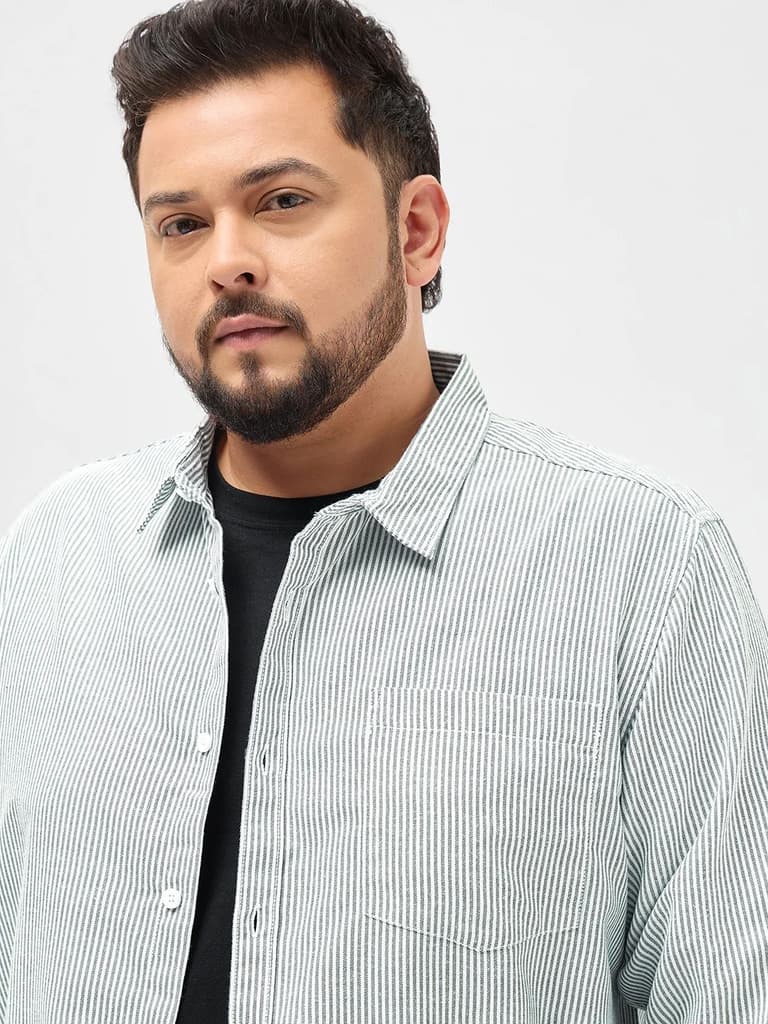 Plus Men's Light Grey Cotton Full Sleeve Regular Fit Casual Striped Shirt — photo 6