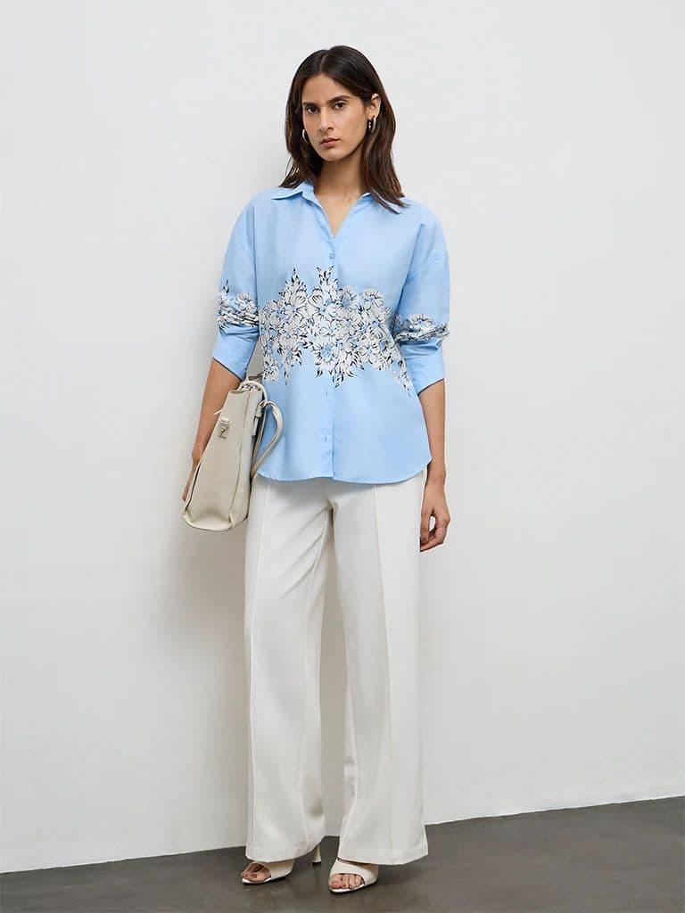 Wardrobe Light Blue Floral Printed Cotton Shirt — photo 2