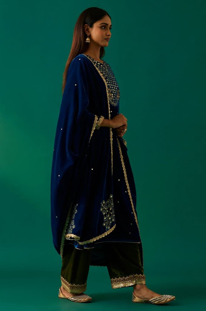 Blue Embroidered Anarkali Velvet Kurta with Salwar and Dupatta Set — photo 4