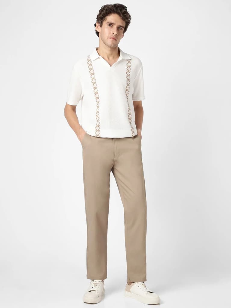 Men's Taupe Brown Cotton Regular Fit Casual Chinos Trousers Stretch — photo 4
