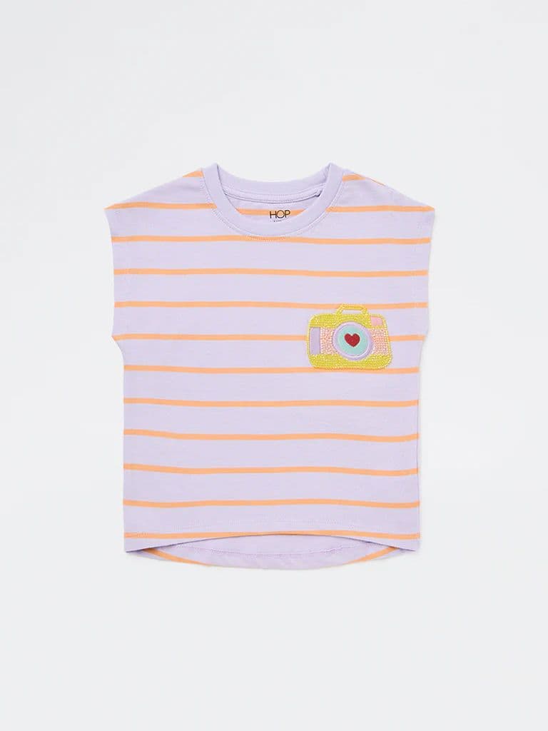 HOP Kids Girls Lilac Striped Cotton T-Shirt — photo 4
