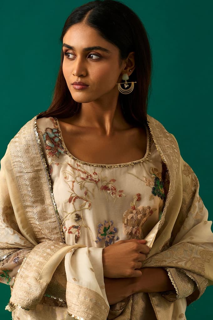Beige Embroidered Straight Tissue Kurta with Sharara and Dupatta Set — photo 2