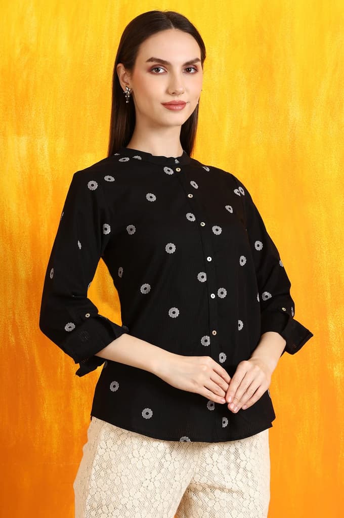 Black Printed Pure Cotton Button Down Shirt — photo 6