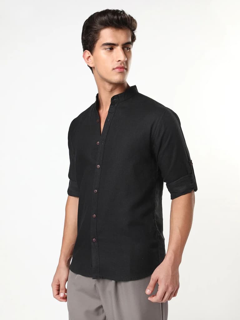 Men's Black Linen Blend Full Sleeve Relaxed Fit Mandarin Collar Casual Solid Shirt — photo 2