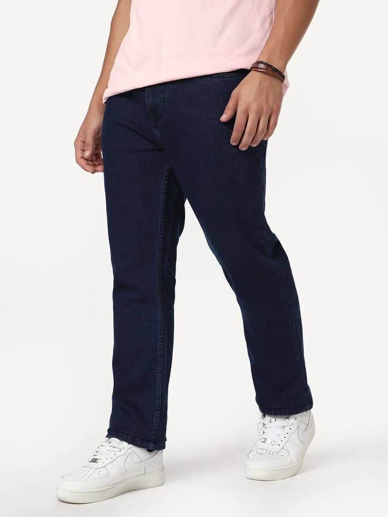 Men's Blue Straight Fit Raw Washed Denim Jeans Stretchable — photo 2