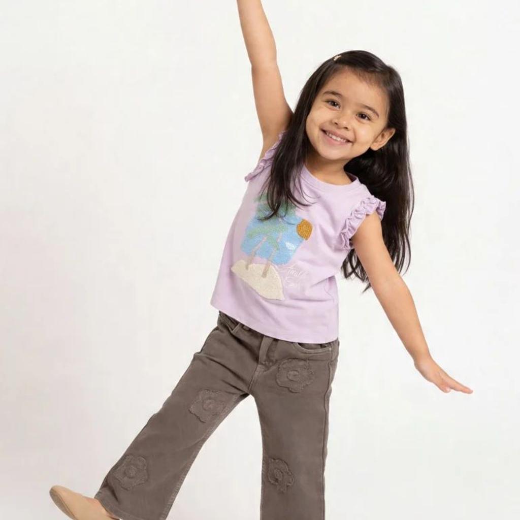 HOP Kids Girls Taupe Floral Applique Wide Leg Jeans