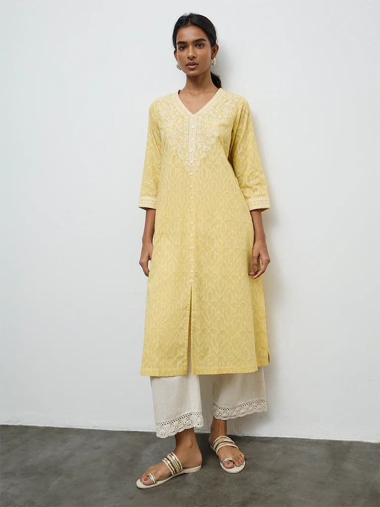 Utsa Yellow Floral Embroidered A-Line Cotton Kurta — photo 2