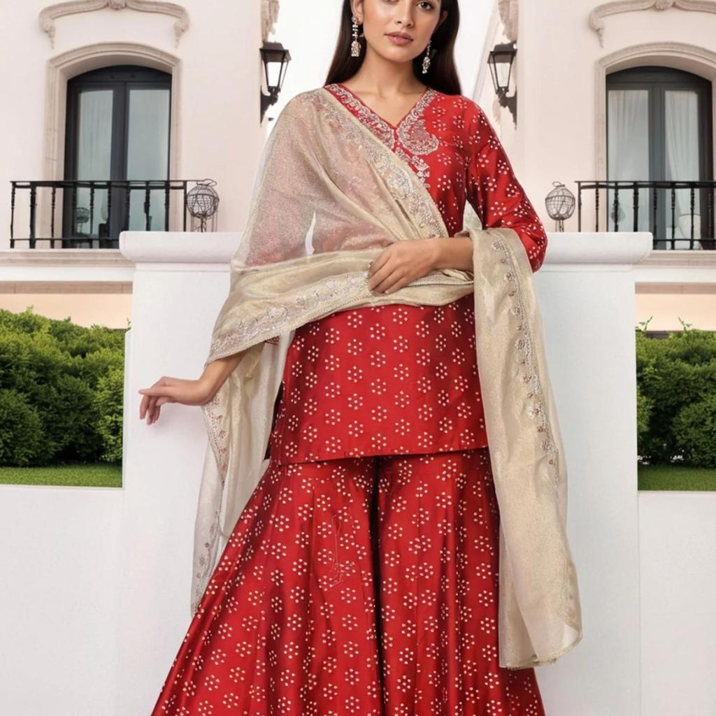 Red Embroidered Straight Art Silk Kurta with Sharara and Dupatta Set
