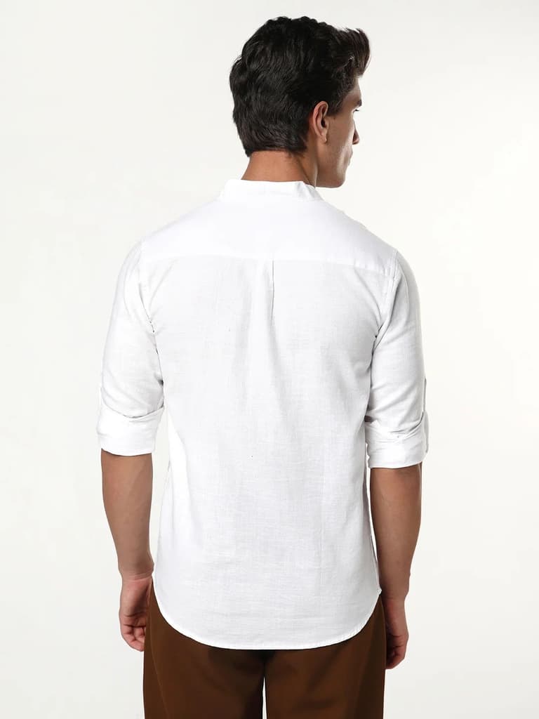 Men's White Linen Blend Full Sleeve Relaxed Fit Mandarin Collar Casual Solid Shirt — photo 3