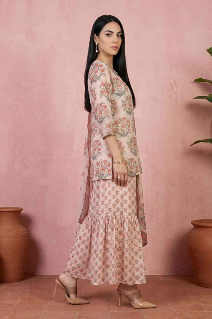 Beige Floral Printed Lace Straight Kurta with Sharara and Dupatta Set — photo 6