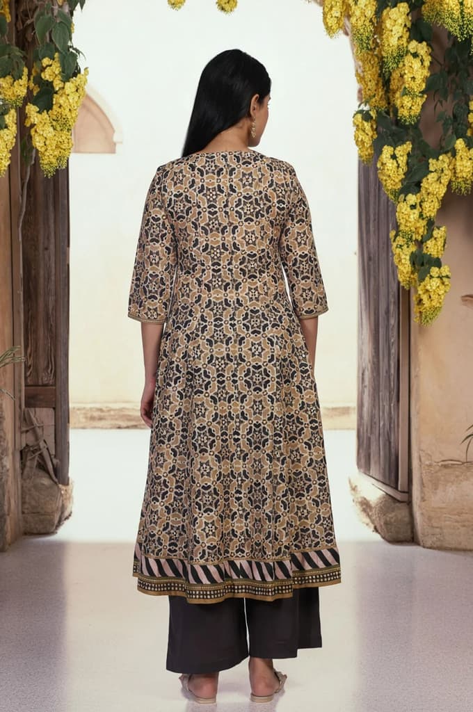 Beige Geometric Printed Embroidered Anarkali Cotton Kurta — photo 5