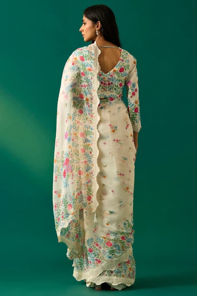 Off-White Floral Printed Embroidered Georgette Saree with Unstitched Blouse — photo 5