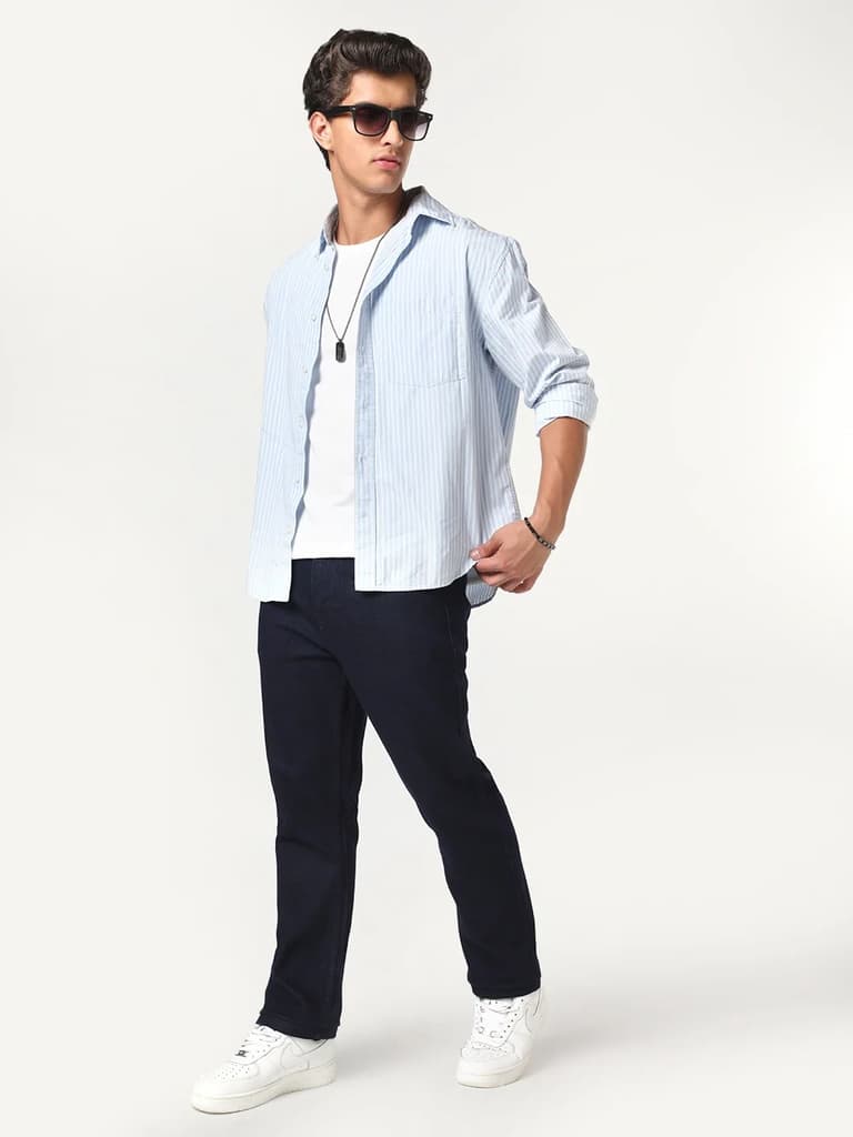 Men's Dark Blue Straight Fit Raw Washed Denim Jeans Stretchable — photo 5