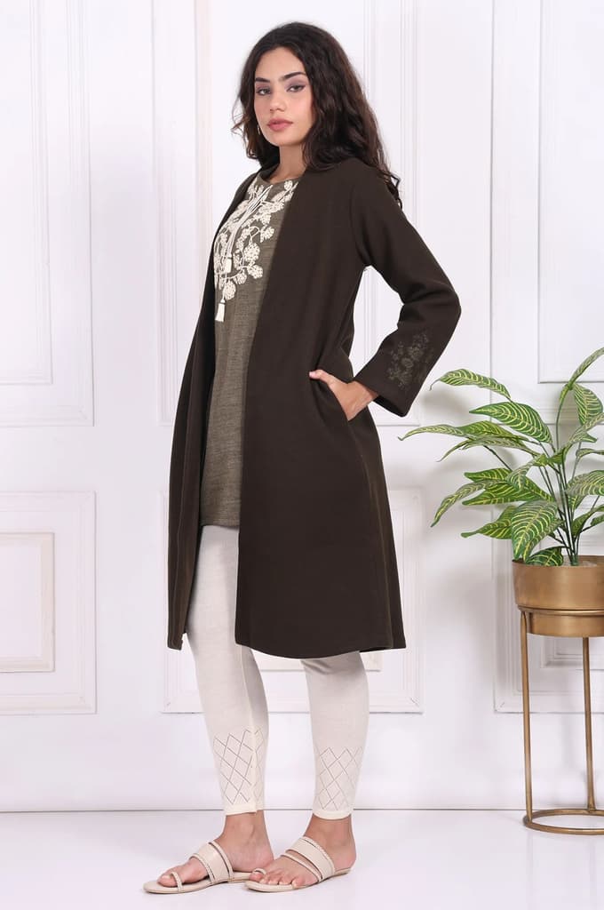 Olive Solid Embroidered Straight Coat — photo 3